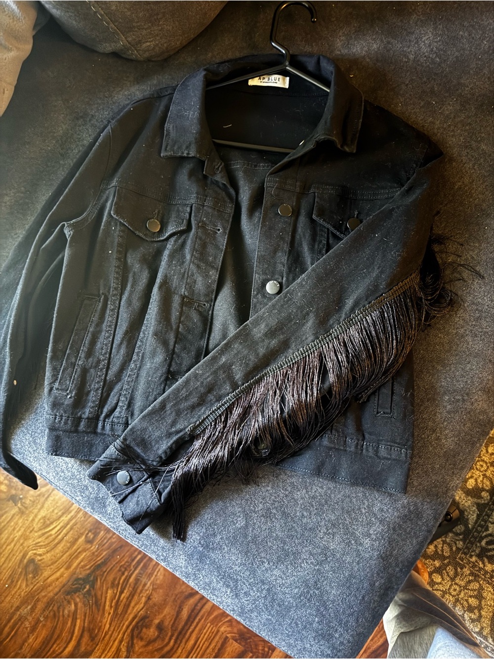 Fringe-Trim Black Denim Jacket -
